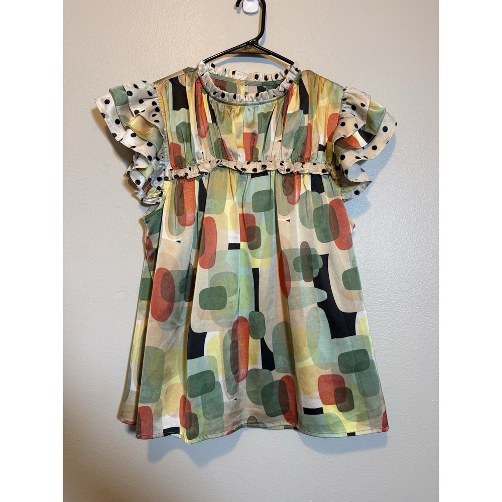 Mint L Retro Mod Abstract Print Ruffle Sleeve Boho Top Artsy Whimsical Teacher